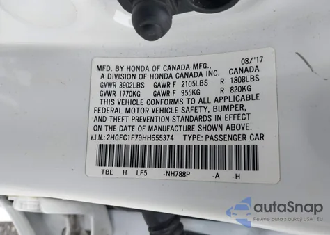 2017 Honda Civic Ex-L from USA, damaged, VIN 2HGFC1F79HH655374